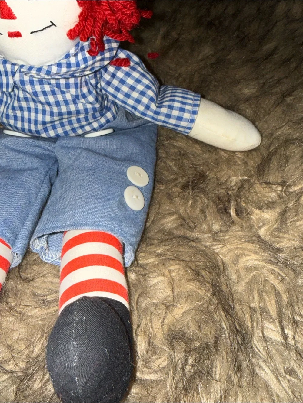 Raggedy Andy cloth tag doll red hair blue checkered shirt blue trousers 15”